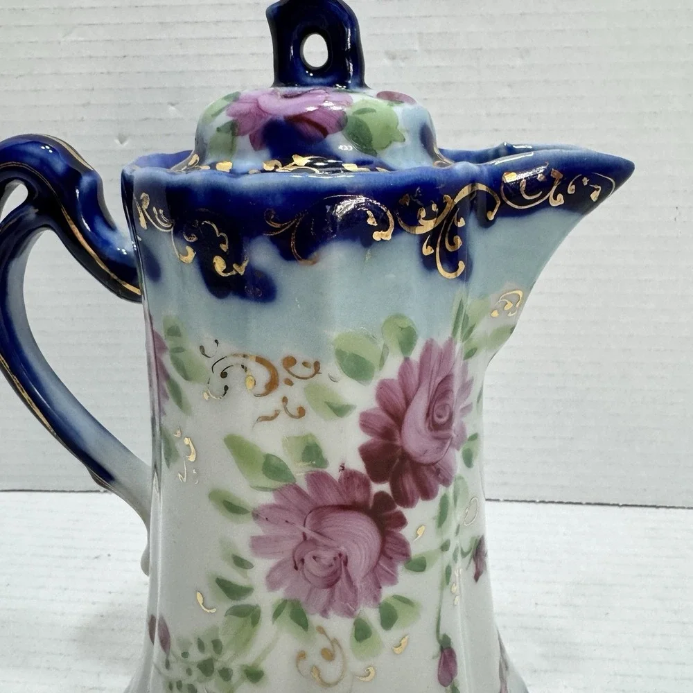 Antique S&K Nippon Chocolate Pot Porcelain Cobalt Blue Gold Hand Painted Japan